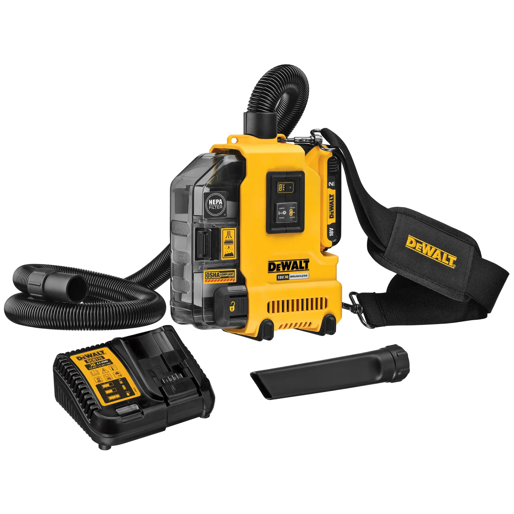 DEWALT cordless dust extractor with hose, battery charger, nozzle, and shoulder strap, shown on a white background.