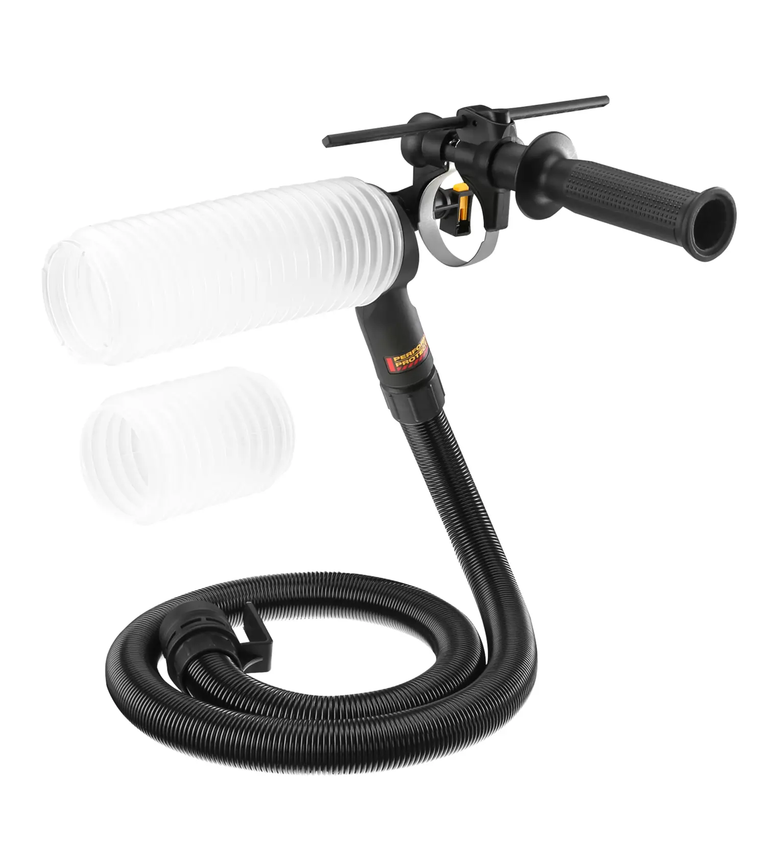 DEWALT dust extraction attachment with flexible hose and handle for drill debris control.