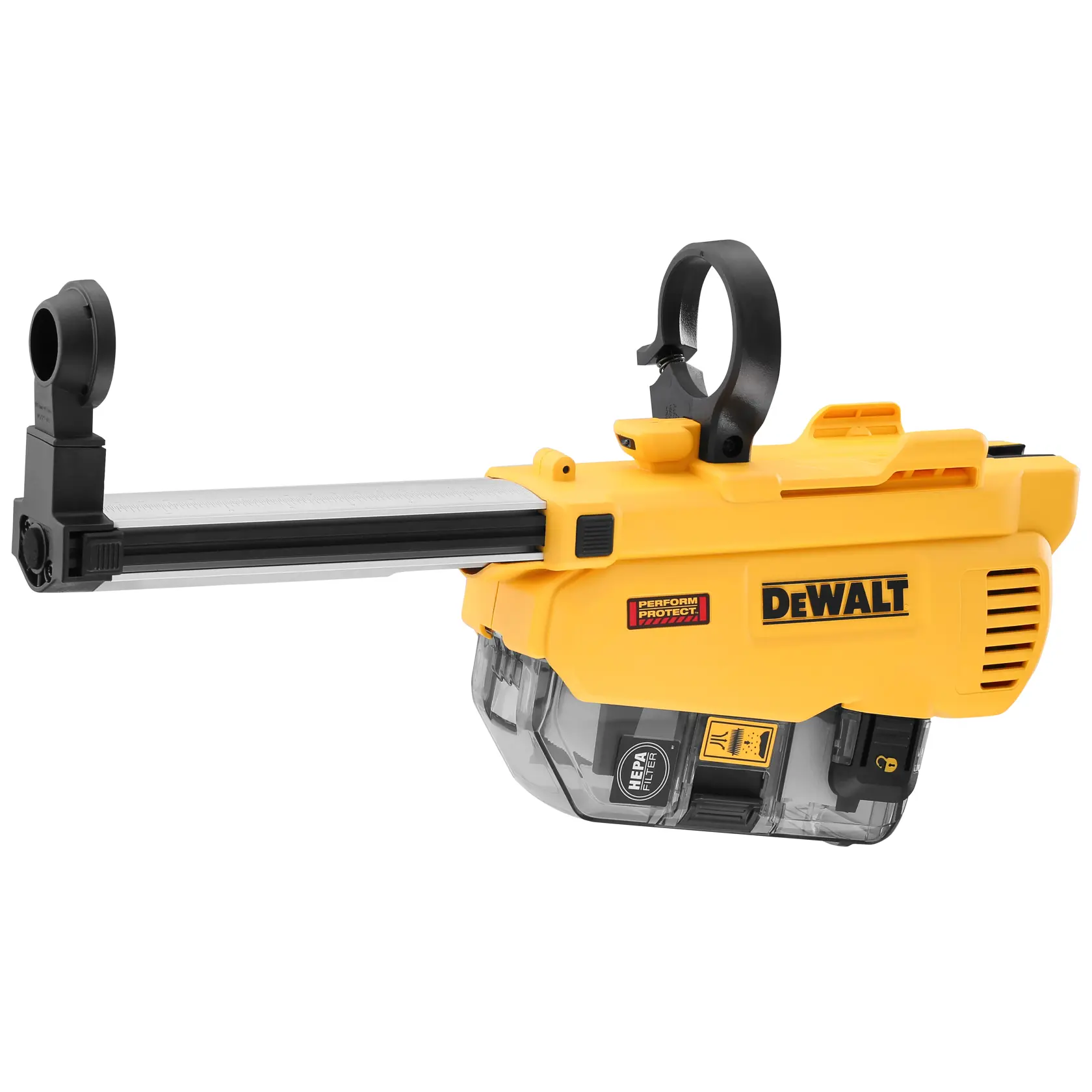 Yellow DEWALT dust extractor attachment with clear collection chamber and mounting rings.