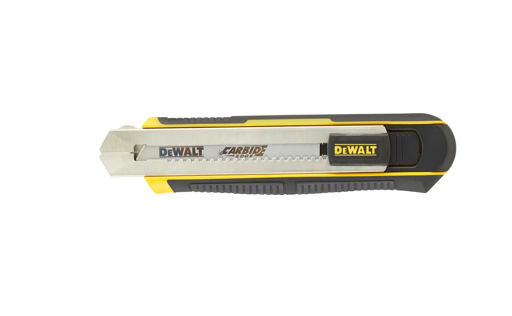 DEWALT utility knife with carbide blade, black and yellow, for cutting tasks.
