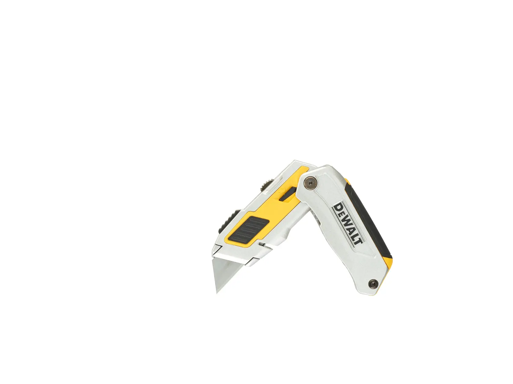 Folding utility knife in silver and yellow with DEWALT logo on handle, blade extended, on white background.