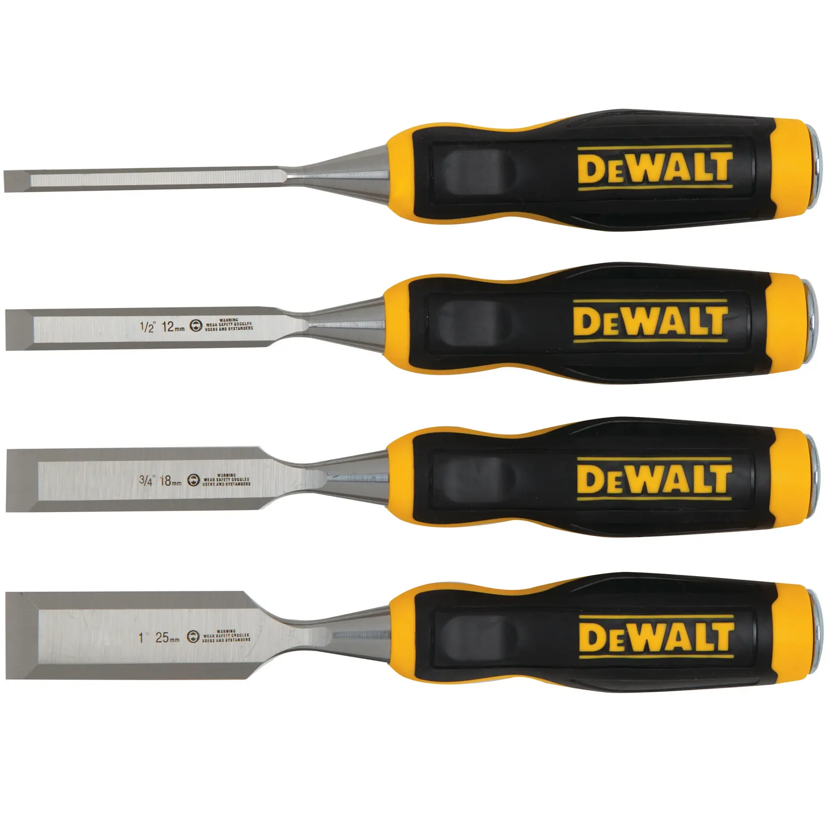 Four DEWALT woodworking chisels with black and yellow handles in different blade sizes, arranged side by side.
