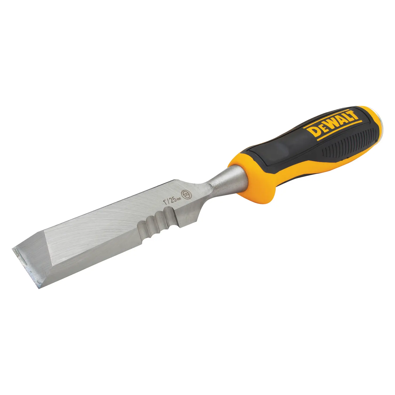 DEWALT chisel with steel blade and ergonomic black and yellow handle, suitable for woodworking tasks.