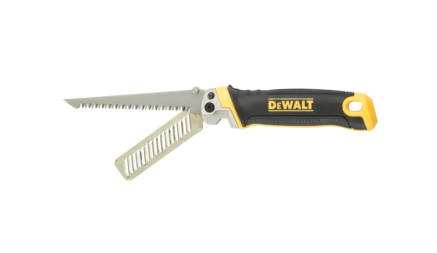 DEWALT folding saw with dual blades and a black-yellow handle, shown open on a white background.