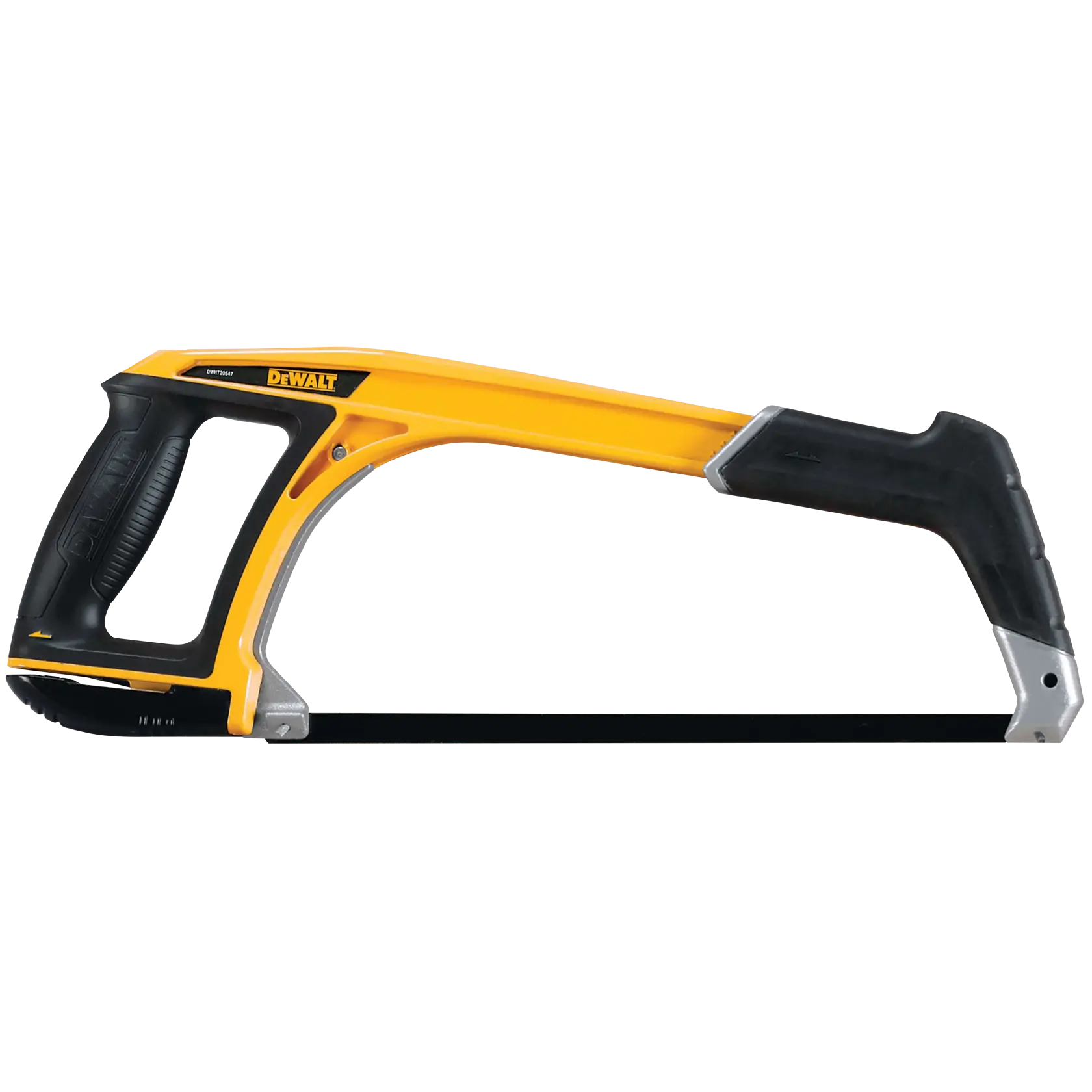 A DEWALT hacksaw with a yellow and black frame, ergonomic handle, and exposed blade, designed for cutting metal and other materials.