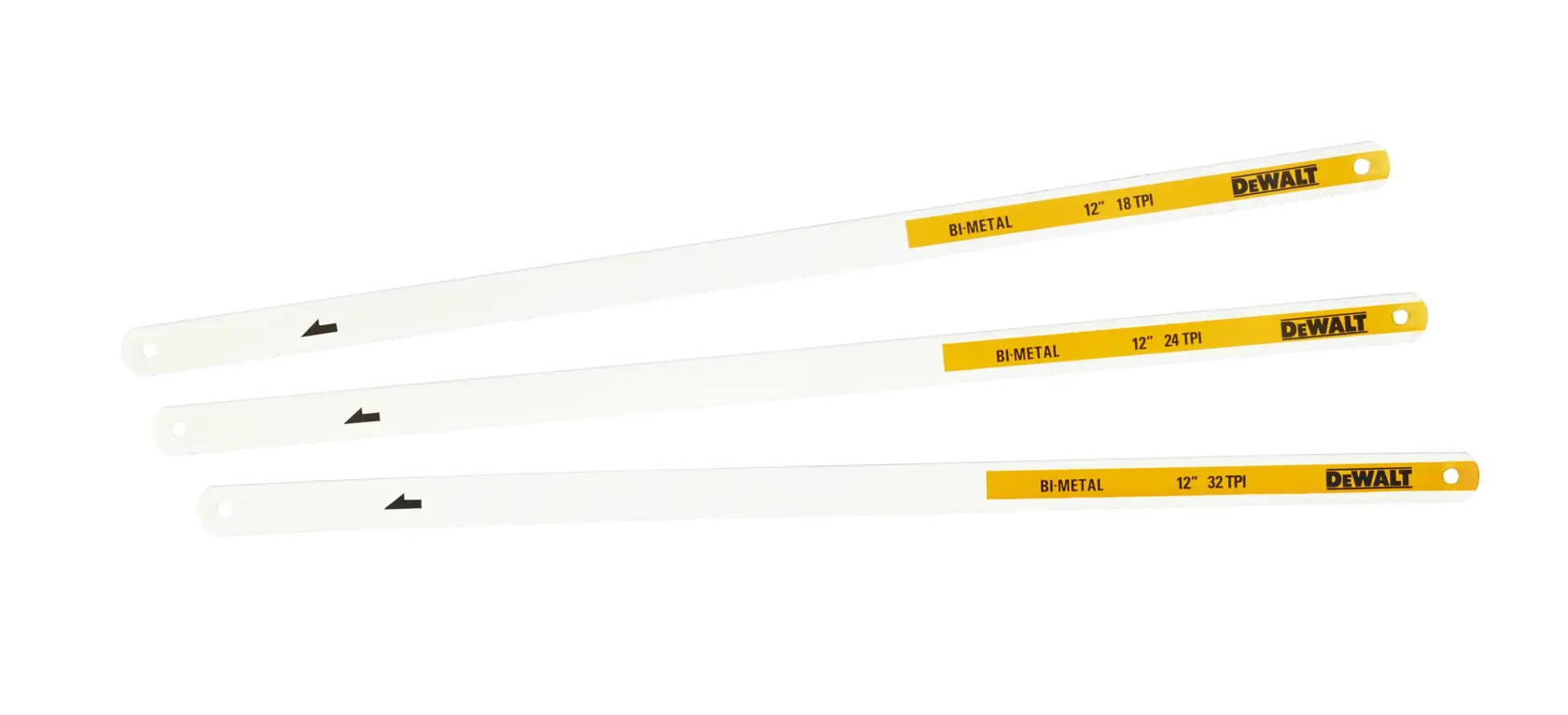 Three DEWALT bi-metal hacksaw blades with yellow ends and different teeth per inch ratings.
