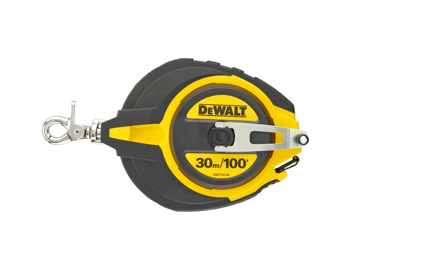 A DEWALT DWHT0-34144 100-foot (30 meter) yellow and black tape measure with a metal hook and crank handle, used for measuring long distances.