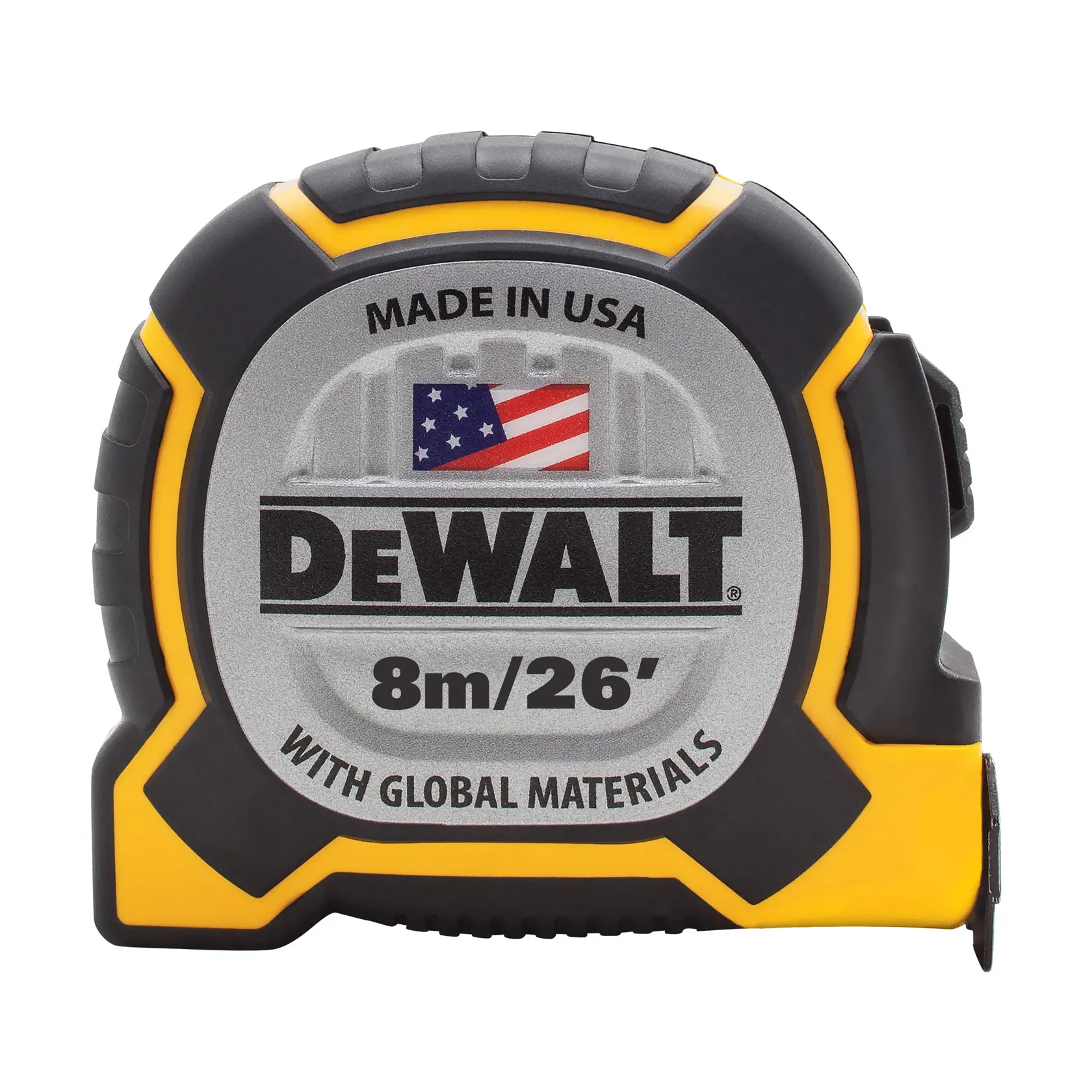 DEWALT tape measure, 8m/26ft, yellow and black, USA-made with global materials.