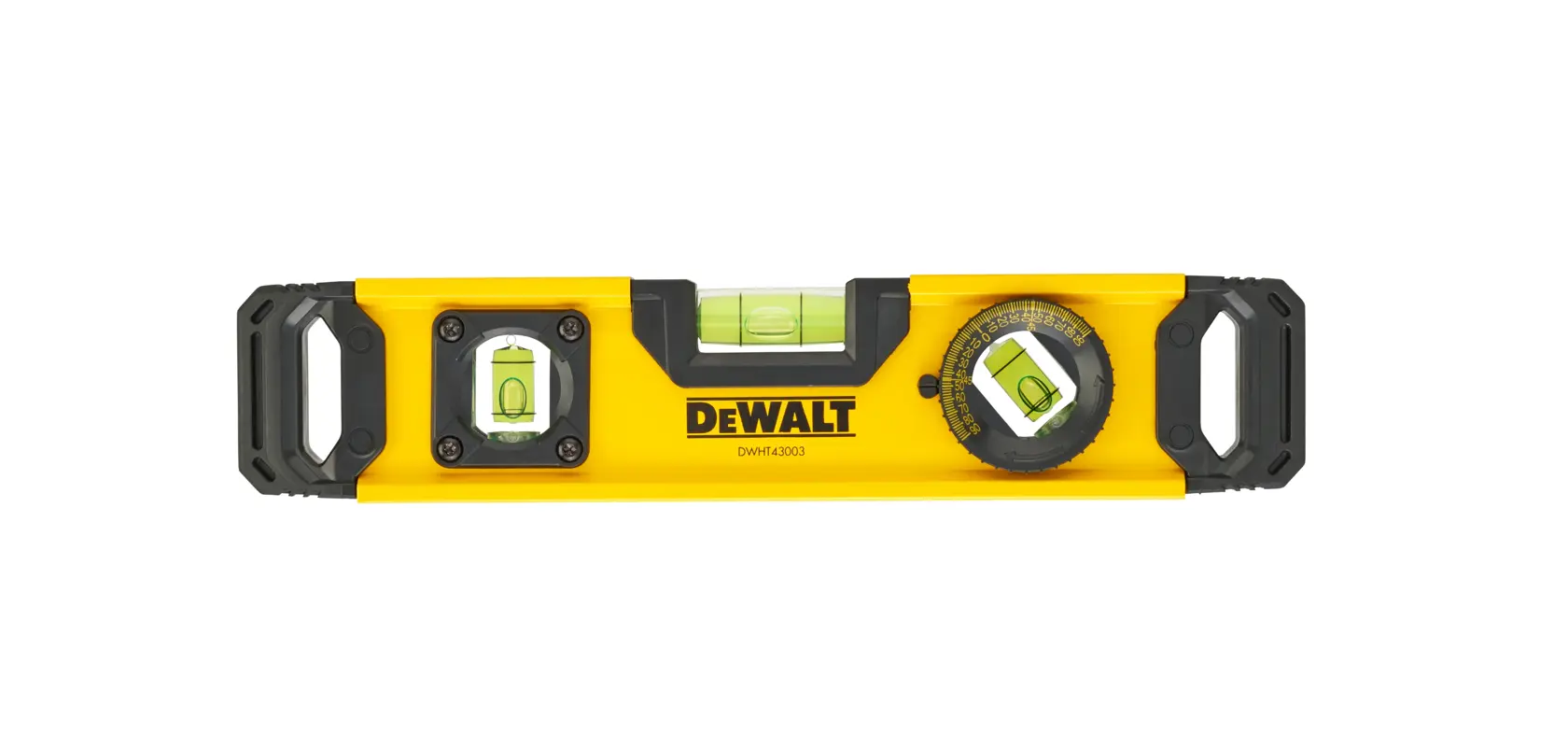 DEWALT DWHT0-43003 yellow level tool with three bubble vials and black handles, front view.