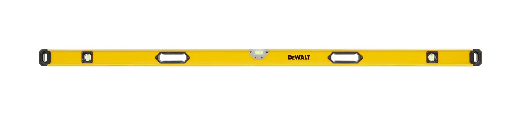 A yellow DEWALT spirit level with three bubble vials and two hand grips, designed for measuring straightness and level surfaces.