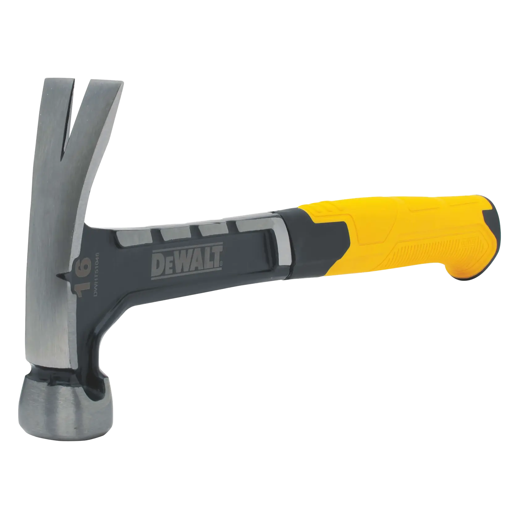 DEWALT claw hammer with yellow and black handle, steel head, and model number DWHT0-51048 visible.