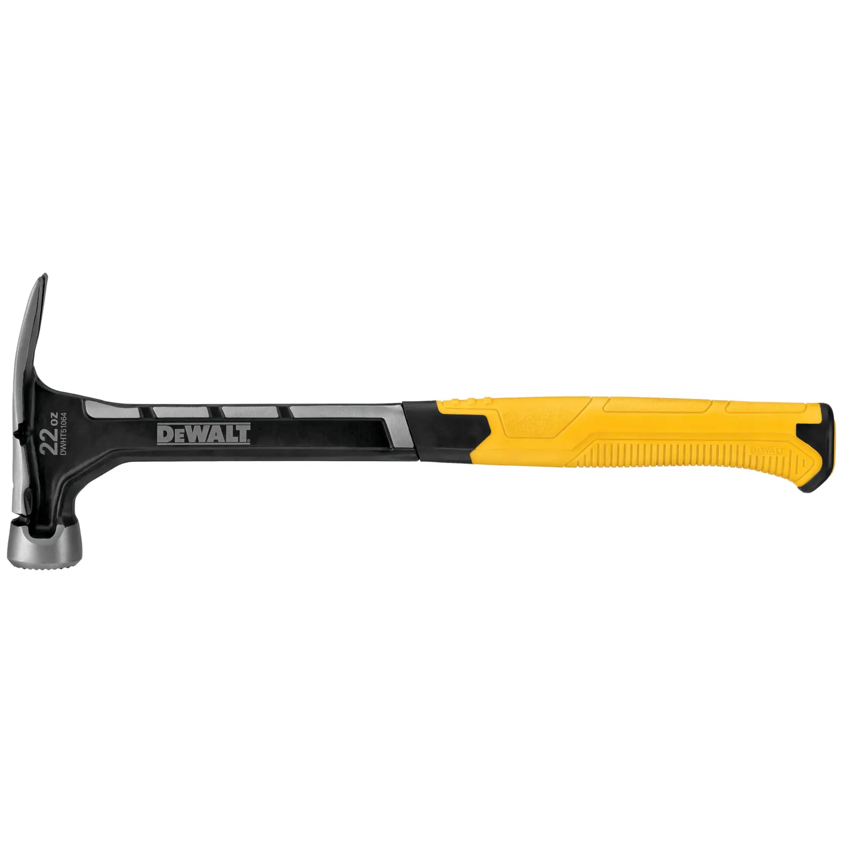 DEWALT 22 oz hammer with a yellow and black handle and metal head, designed for construction.
