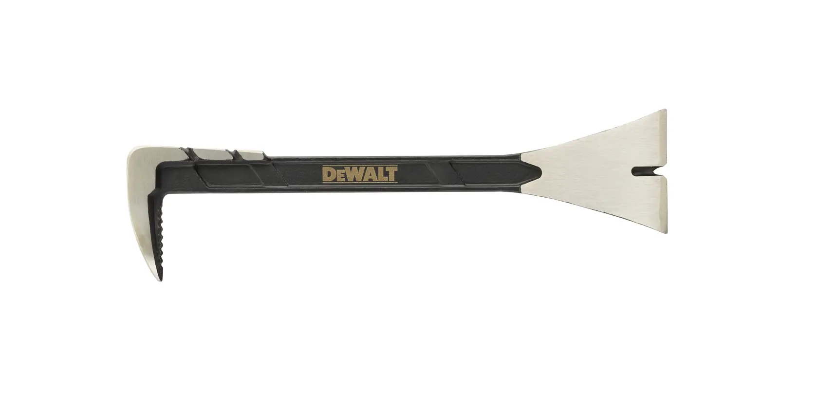 A DEWALT hand tool with a flat, wide prying end and a curved, serrated claw end, designed for demolition and prying applications.