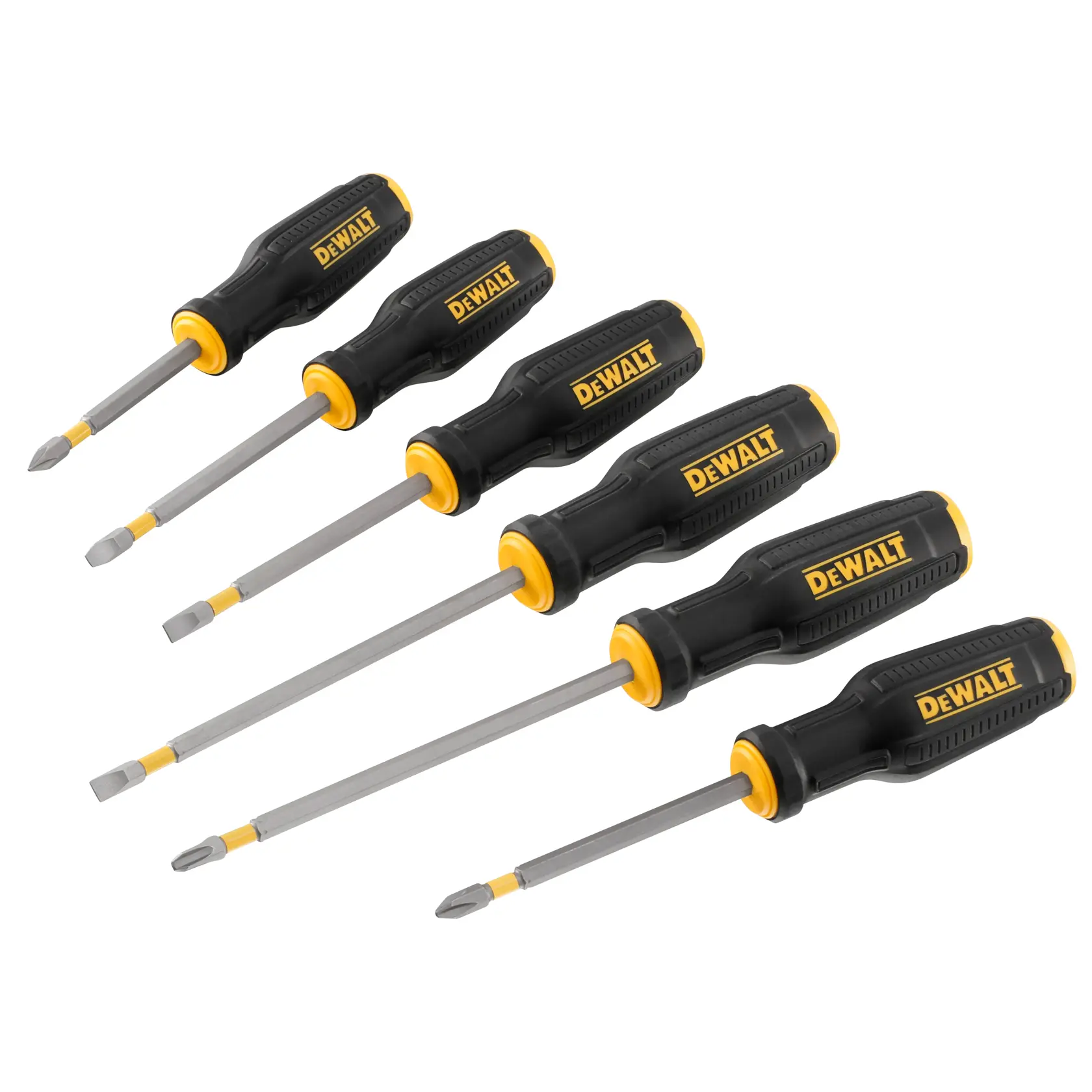 A set of six DEWALT screwdrivers with black and yellow handles, arranged side by side. The set includes both Phillips and flathead screwdrivers of varying sizes.