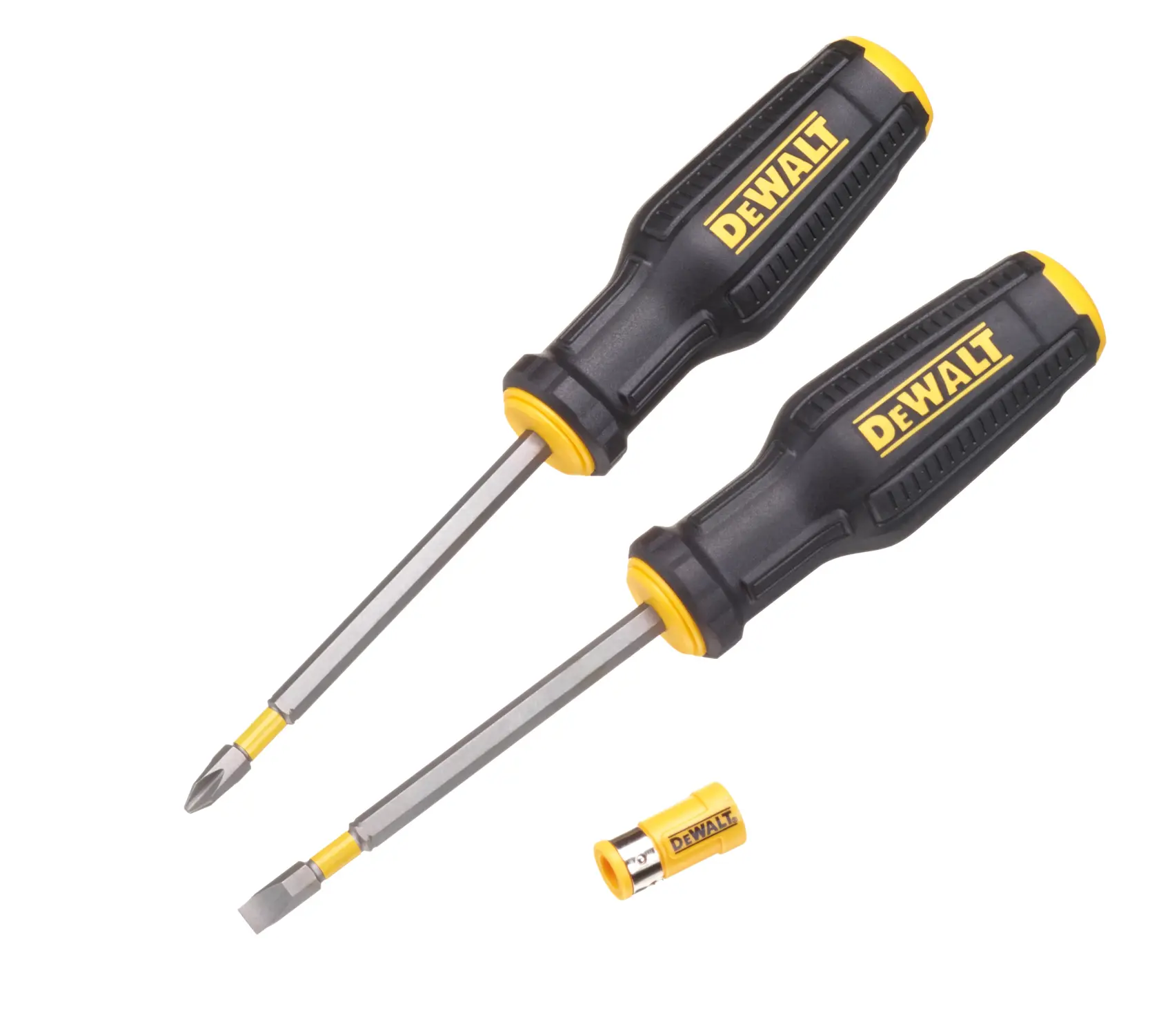 Two DEWALT screwdrivers and a yellow bit holder with black grips, one flat head and one Phillips head.