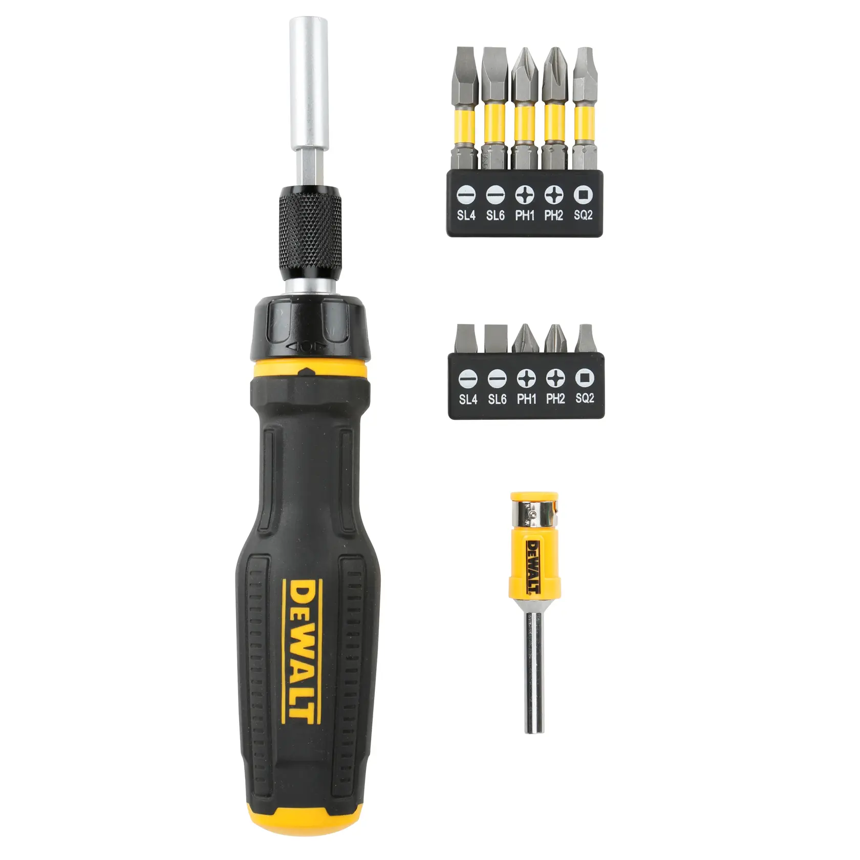 DEWALT screwdriver set with interchangeable bits and case, black and yellow handle, two bit holders.