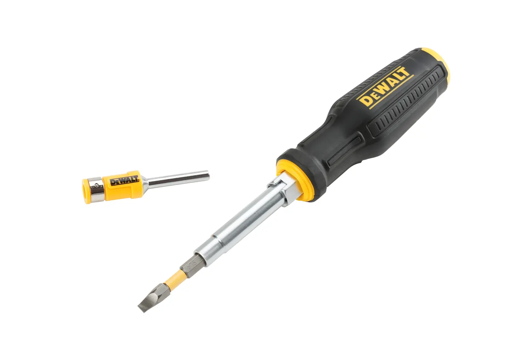DEWALT screwdriver with interchangeable bit and accessory, black and yellow handle, isolated on white background.