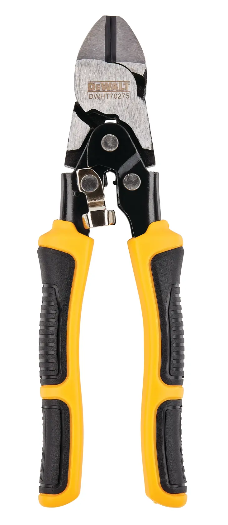 DEWALT DWHT0-70275 wire cutters with yellow and black handles, shown against a white background.