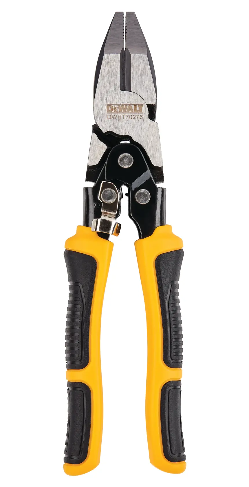 DEWALT DWHT0-70276 metal cutting pliers with black and yellow handles shown upright on a white background.