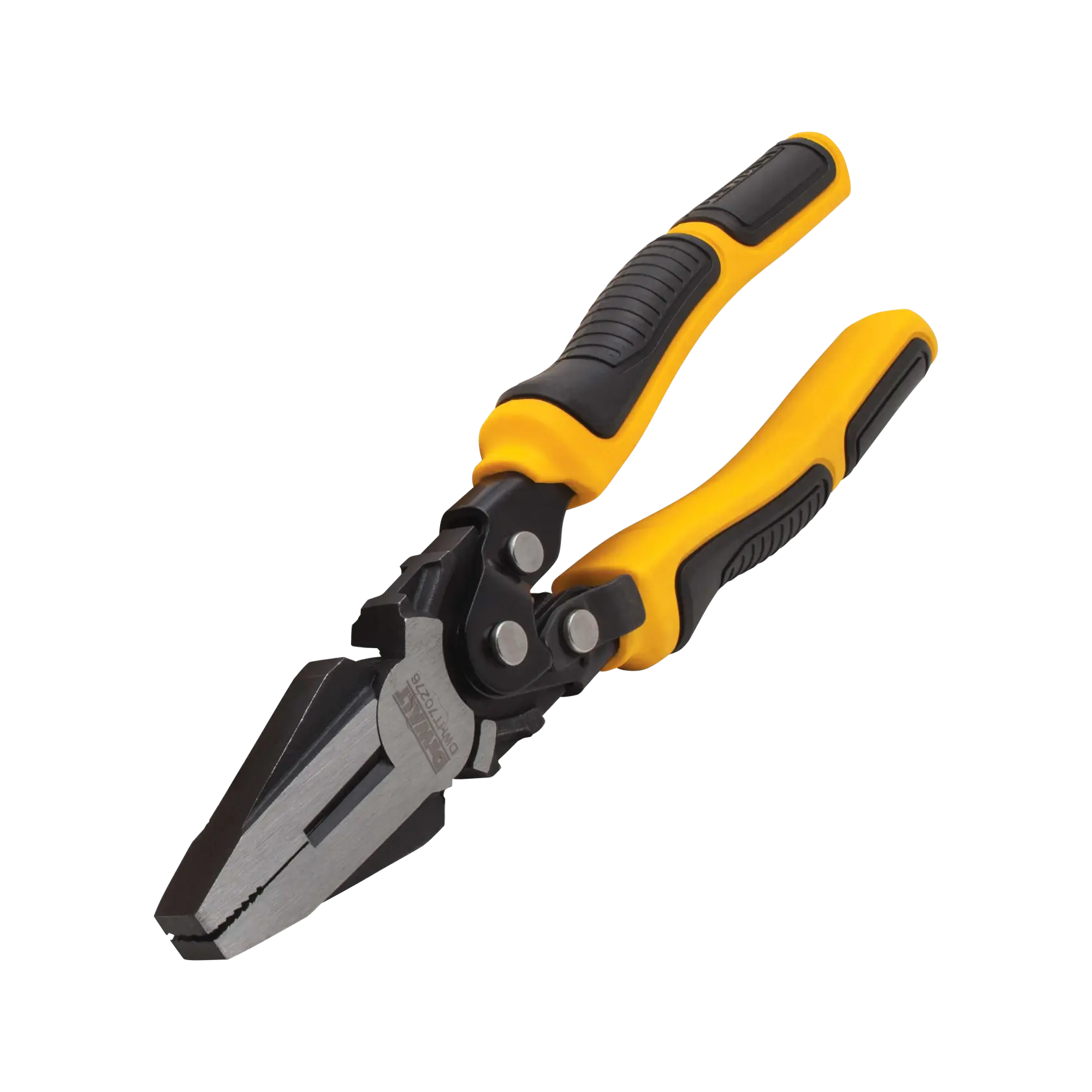 DEWALT pliers with yellow and black grip handles, angled jaws for cutting and gripping, shown on a white background.