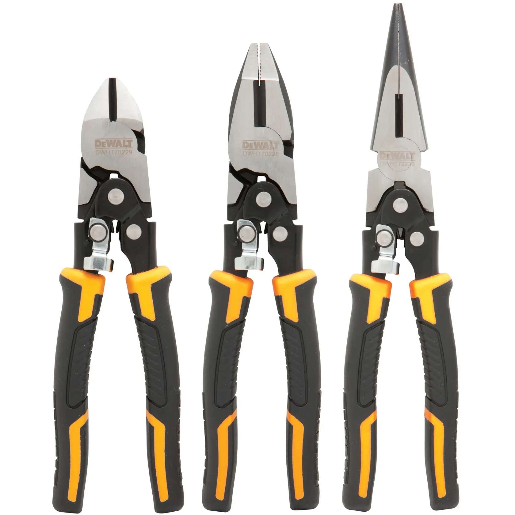 Three DEWALT pliers with black and yellow handles are displayed upright in a row on a white background.