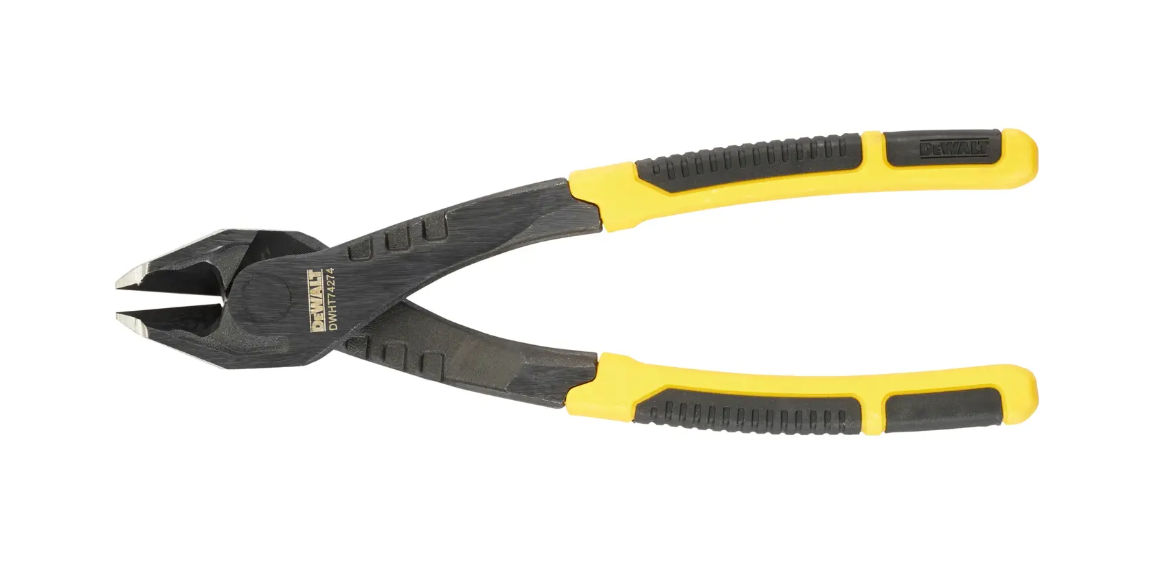 A pair of DEWALT diagonal cutting pliers with black and yellow ergonomic handles, shown on a white background.