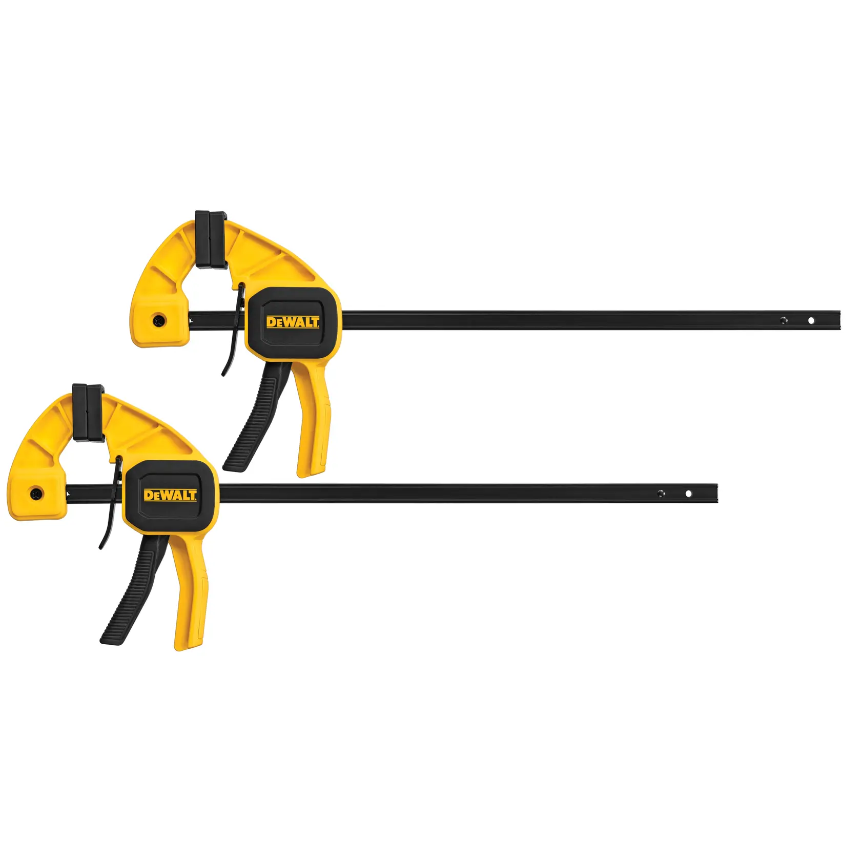 Two DEWALT quick grip clamps with yellow handles and black bars, used for securing materials in place.