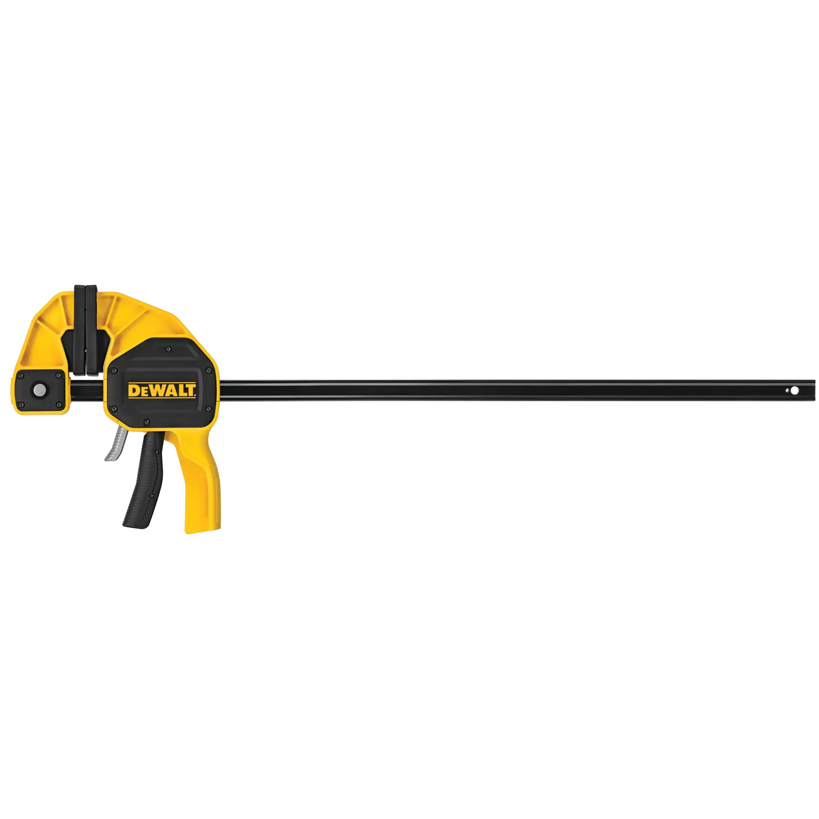 DEWALT bar clamp with yellow handle and black trigger, used for securing materials during woodworking or projects.