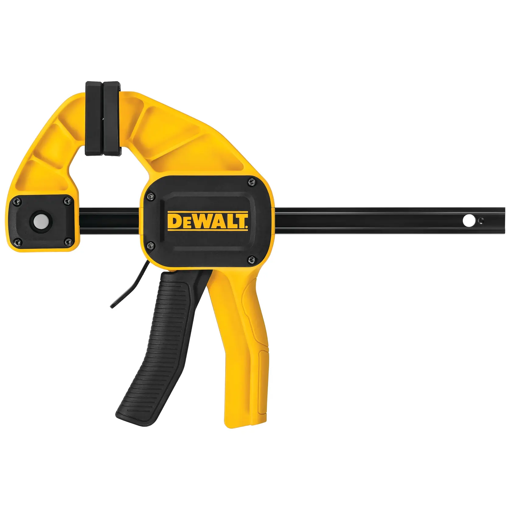 DEWALT yellow and black quick grip clamp tool with trigger handle and sturdy jaw.