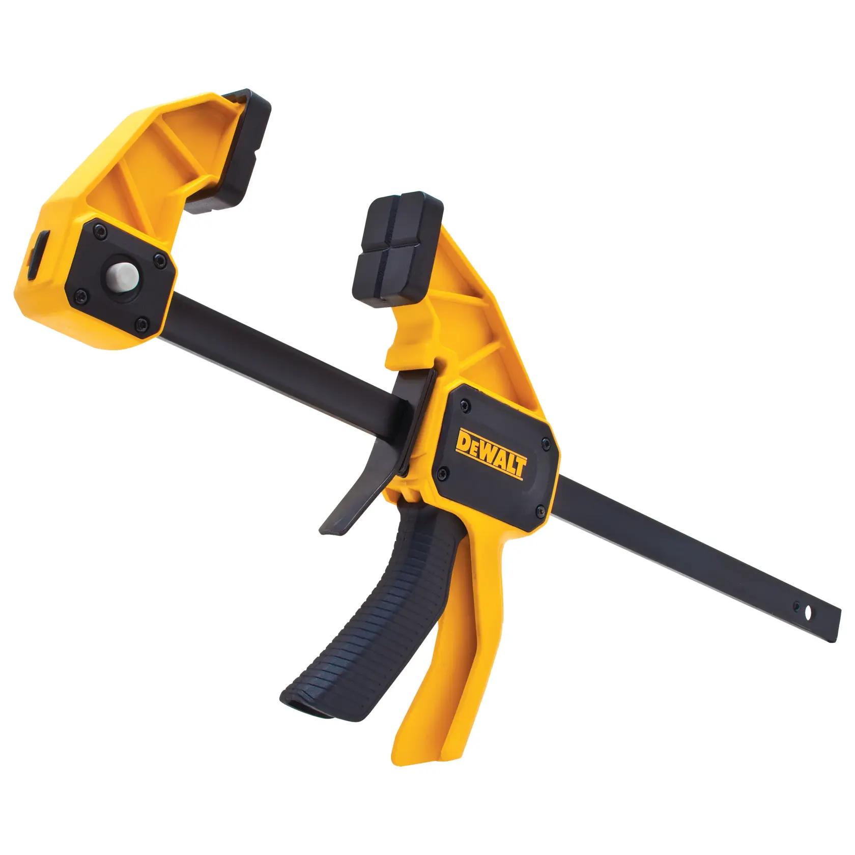 DEWALT yellow and black trigger clamp with padded jaws for secure clamping in woodworking and construction tasks.