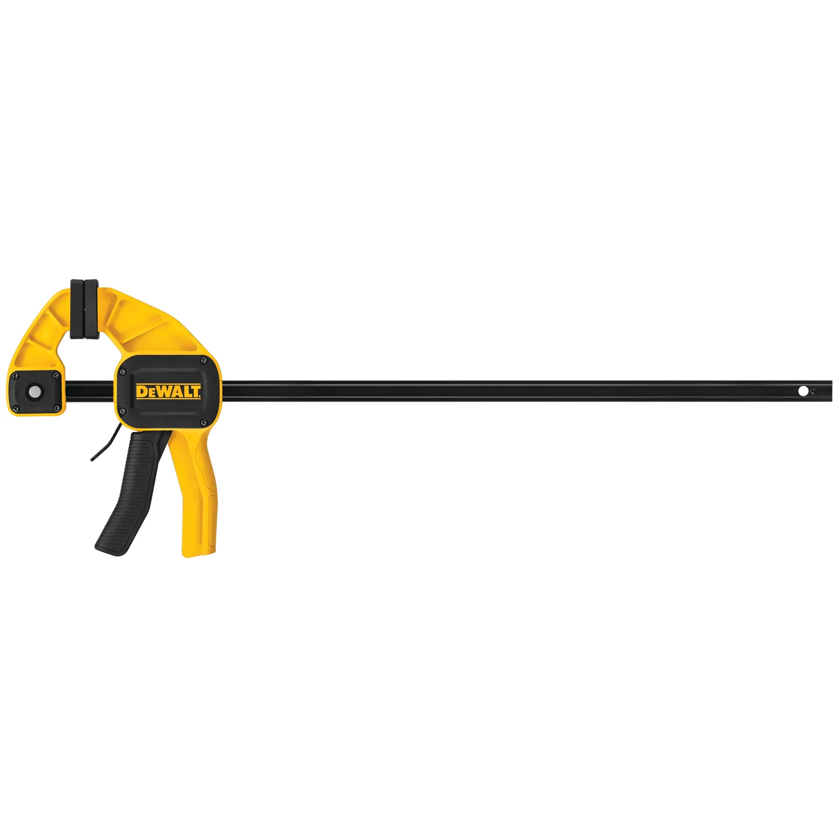 A DEWALT bar clamp with a yellow and black handle and a long black metal bar, used for holding materials securely in place during woodworking or construction.