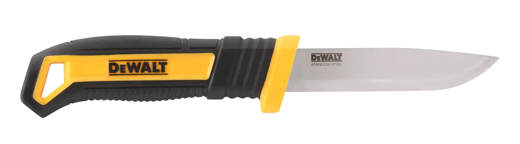 DEWALT stainless steel fixed blade knife with black and yellow ergonomic handle, side view.