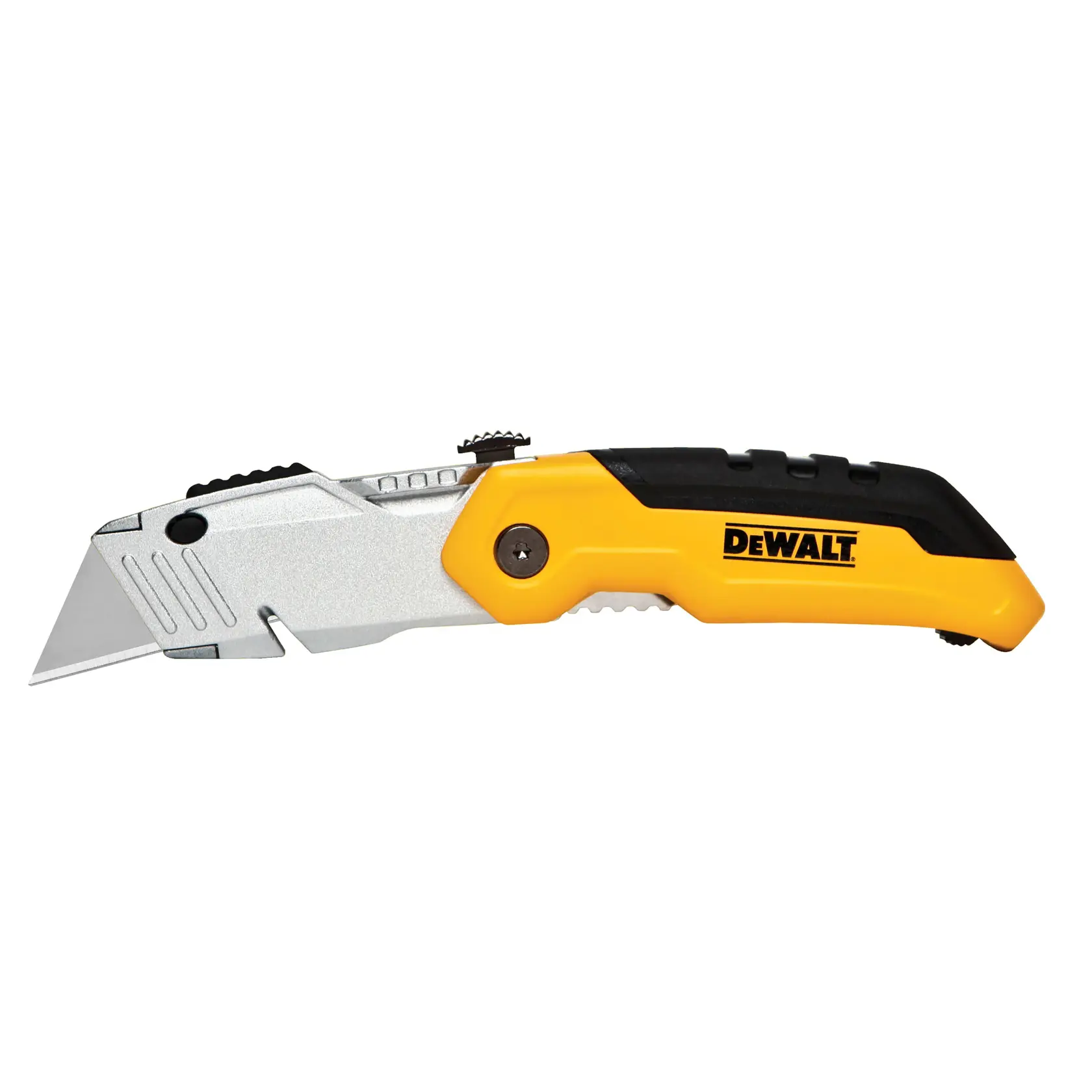 A DEWALT-branded utility knife with a retractable blade and ergonomic yellow and black handle, shown on a white background.