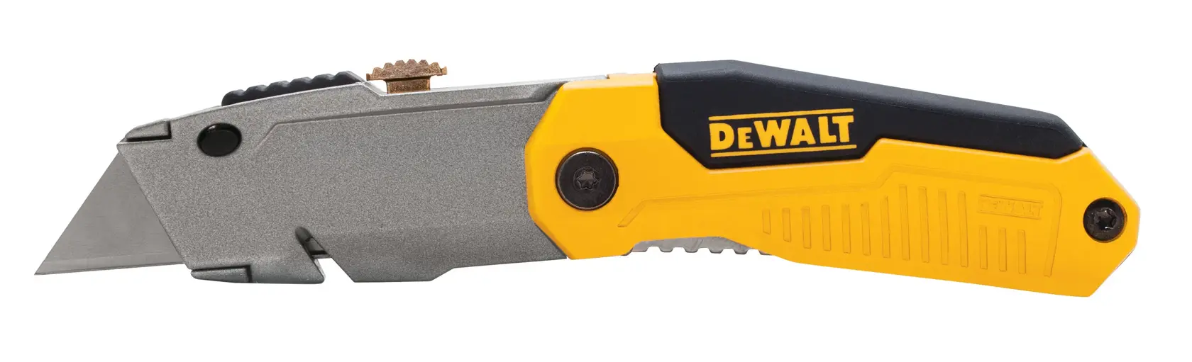 A DEWALT folding utility knife with a yellow and black handle and a silver blade, shown in a side view against a white background.