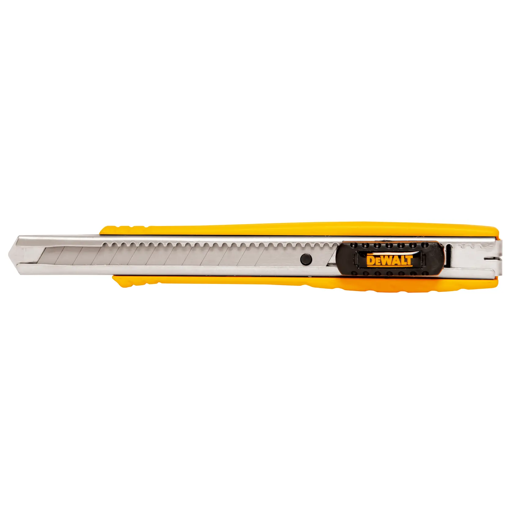 Yellow DEWALT utility knife with snap-off blade, side view, black branded clip visible.