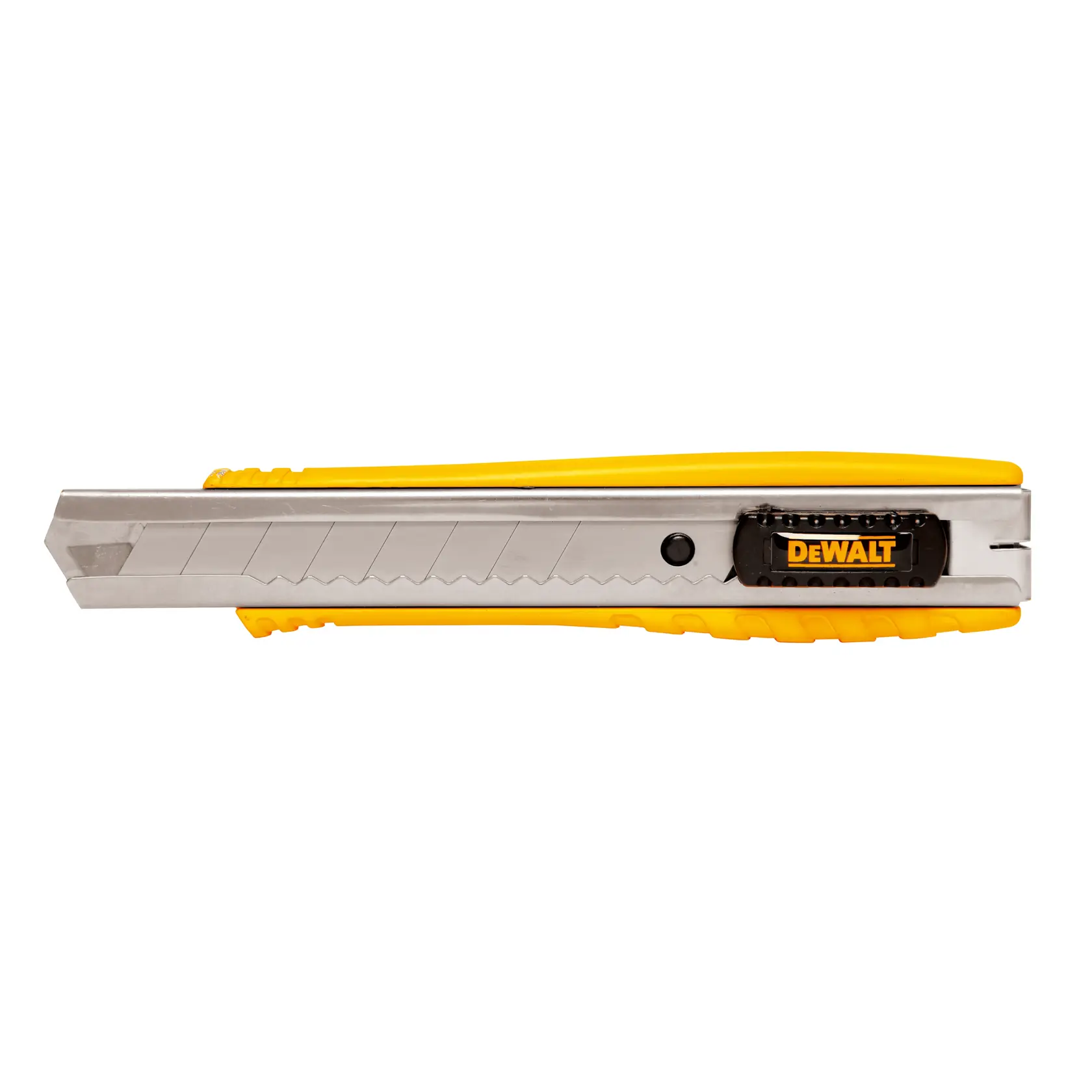 A DEWALT utility knife with a yellow and silver body, featuring a retractable blade and a black slider for blade adjustment.