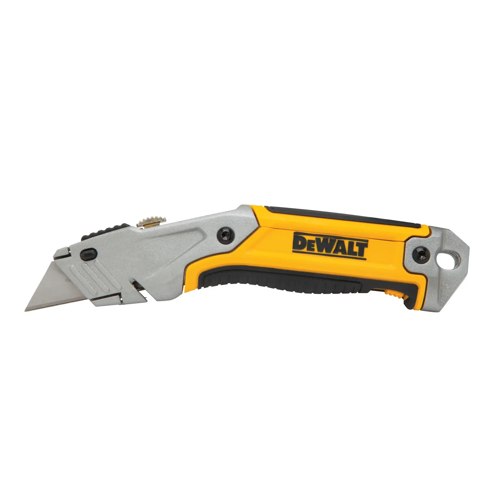 DEWALT yellow and black folding utility knife with a silver blade and ergonomic handle.