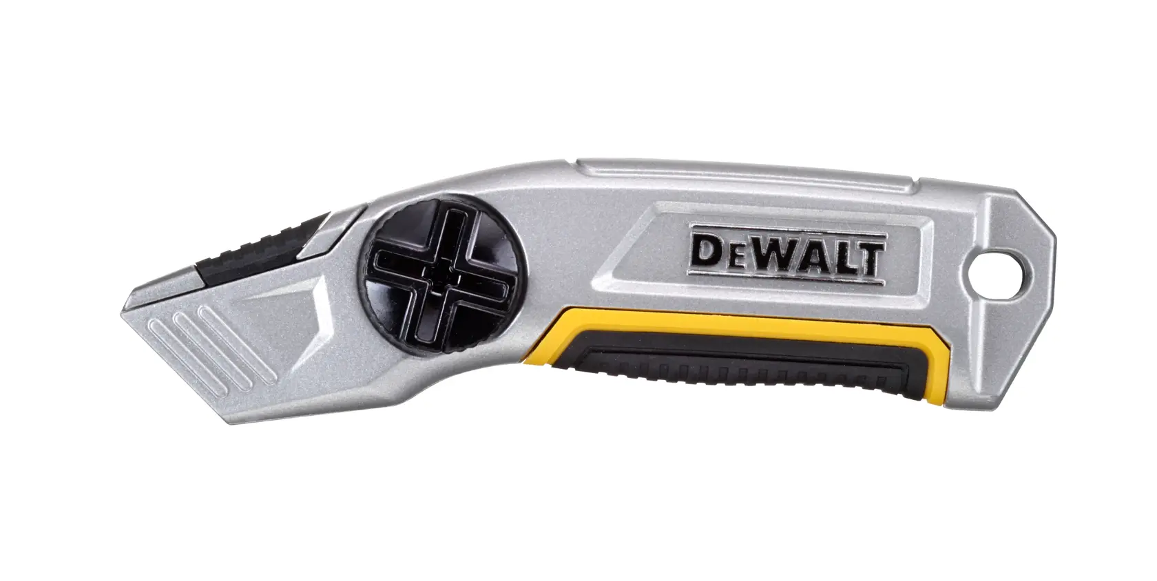 A DEWALT utility knife with a silver and black ergonomic handle and a retractable blade, shown on a white background.