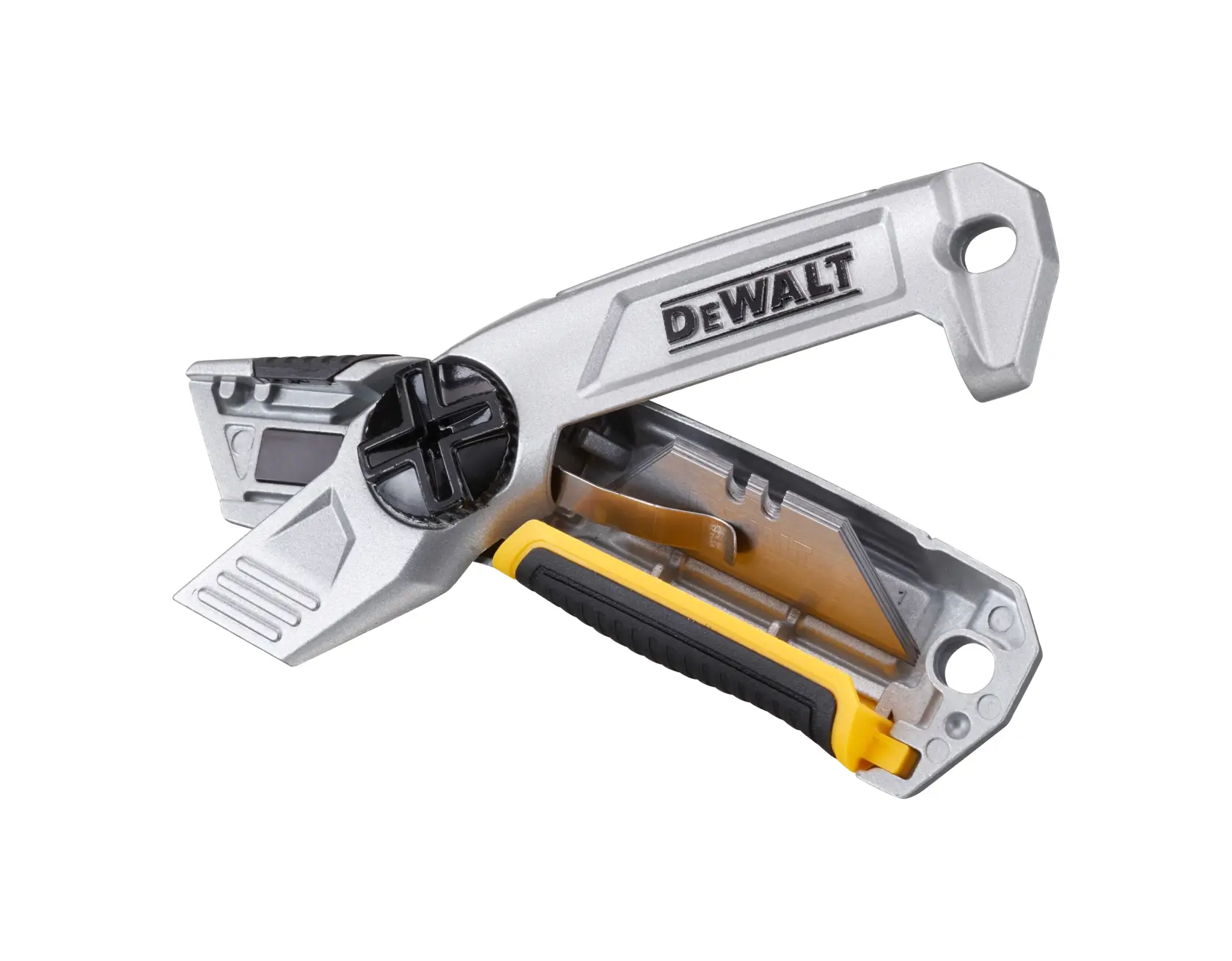 A DEWALT multi-function utility knife with a metallic silver finish, black accents, and a yellow safety lock. The knife is partially open, showing its blade and ergonomic handle.
