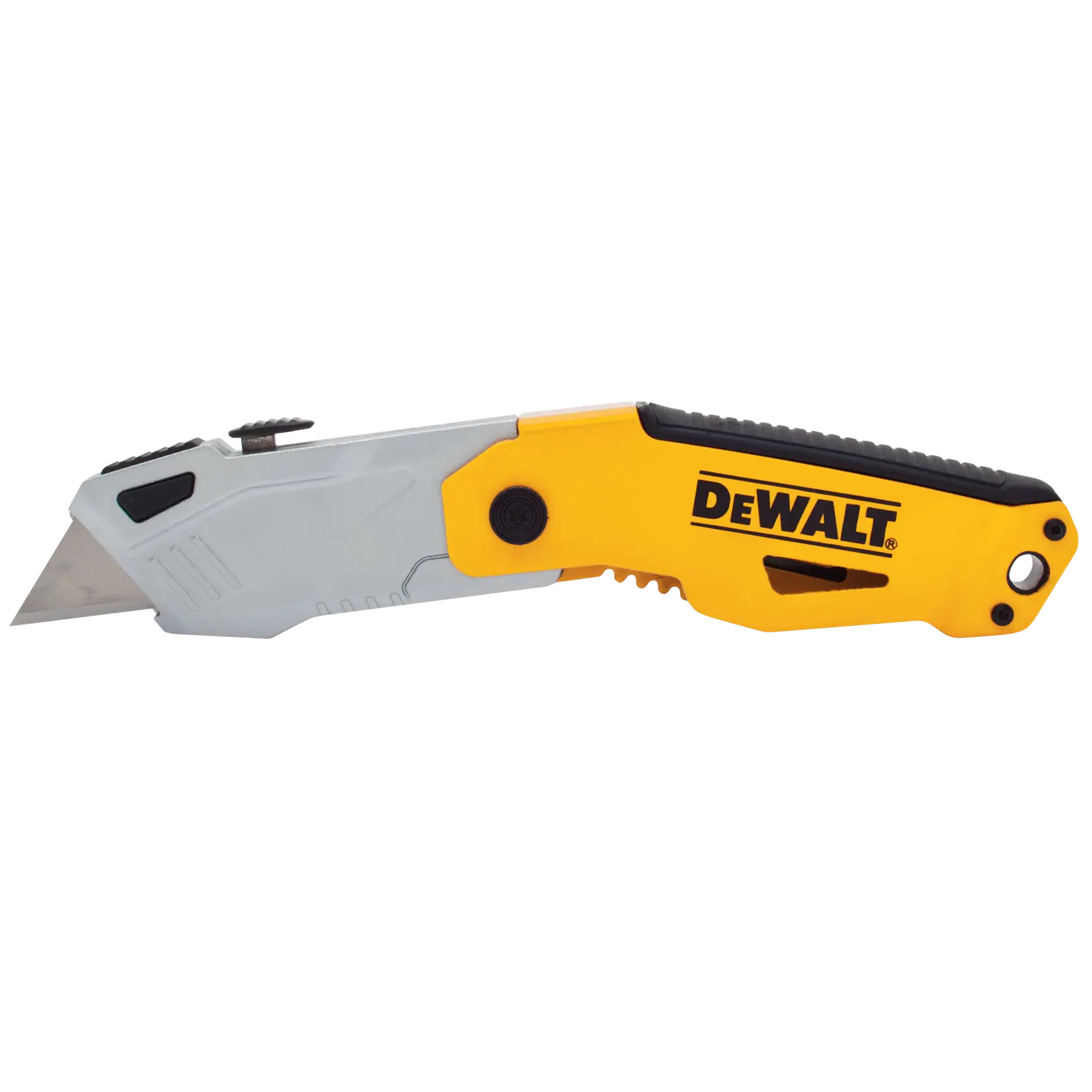 A DEWALT folding utility knife with a yellow and black handle and a silver retractable blade.