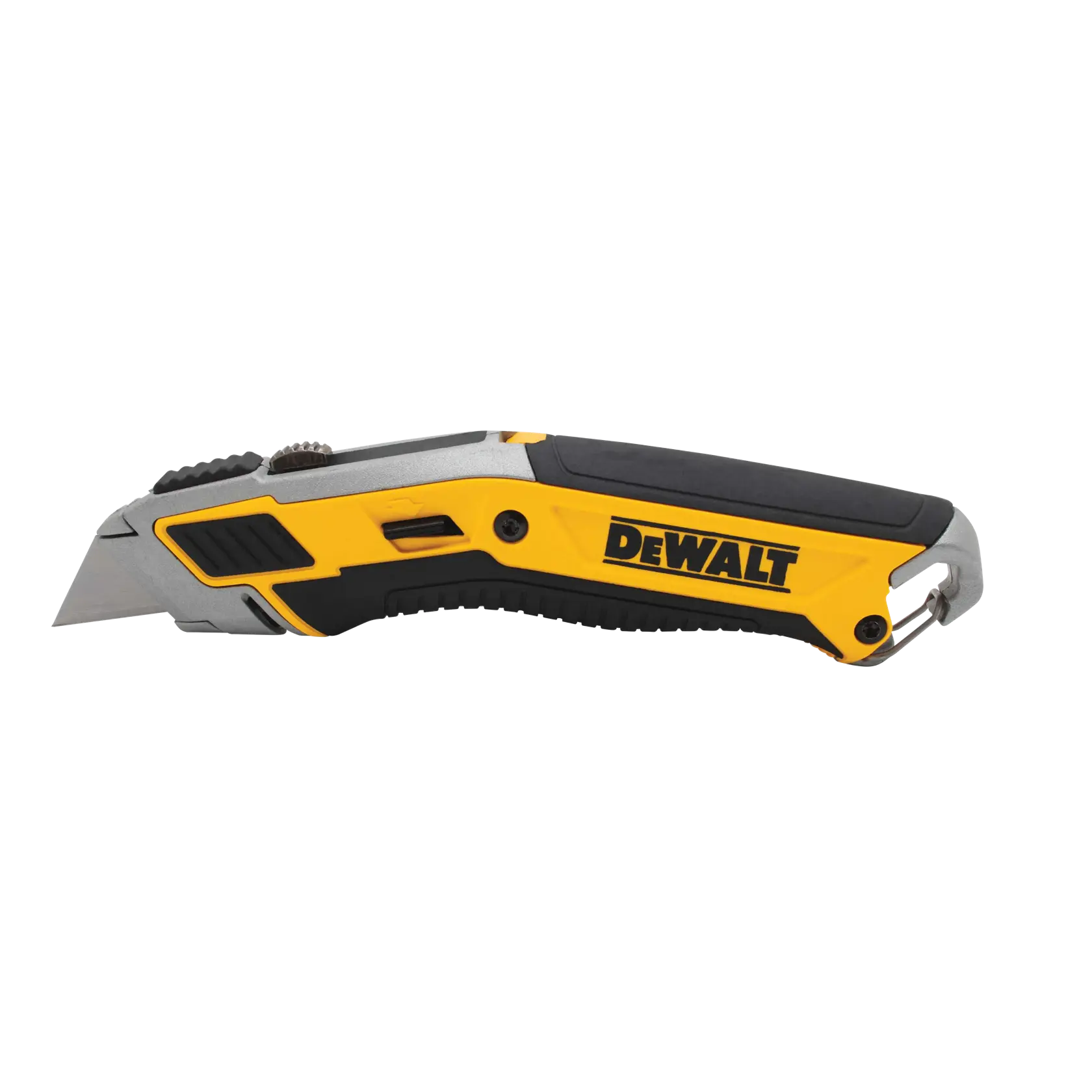 A DEWALT utility knife with a retractable blade, featuring a black and yellow ergonomic handle.