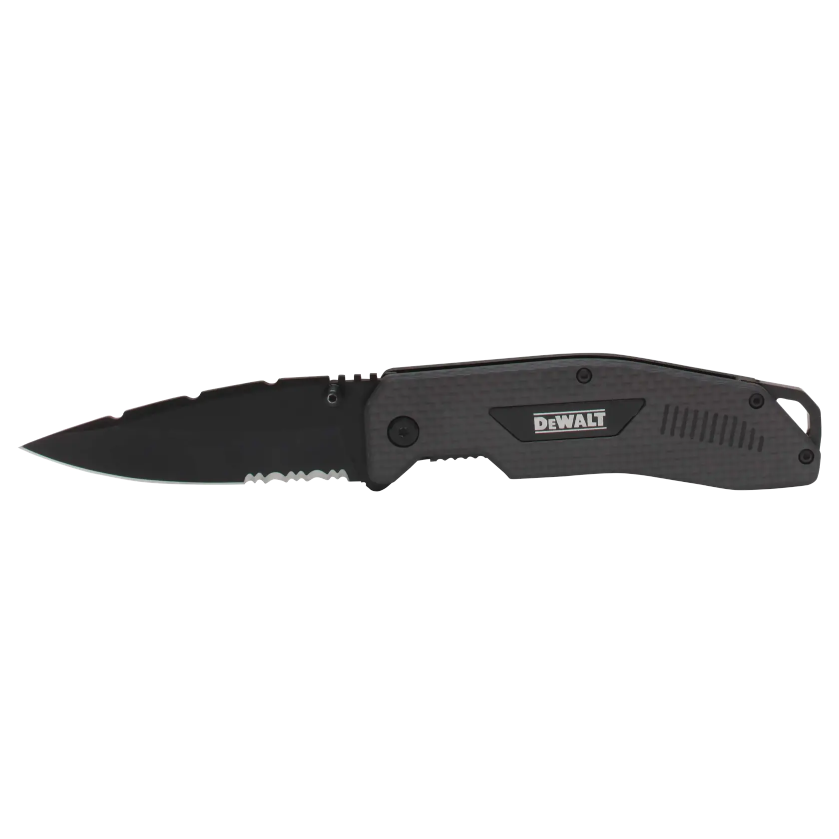 A DEWALT folding pocket knife with a partially serrated black blade and a textured handle, shown in an open position.