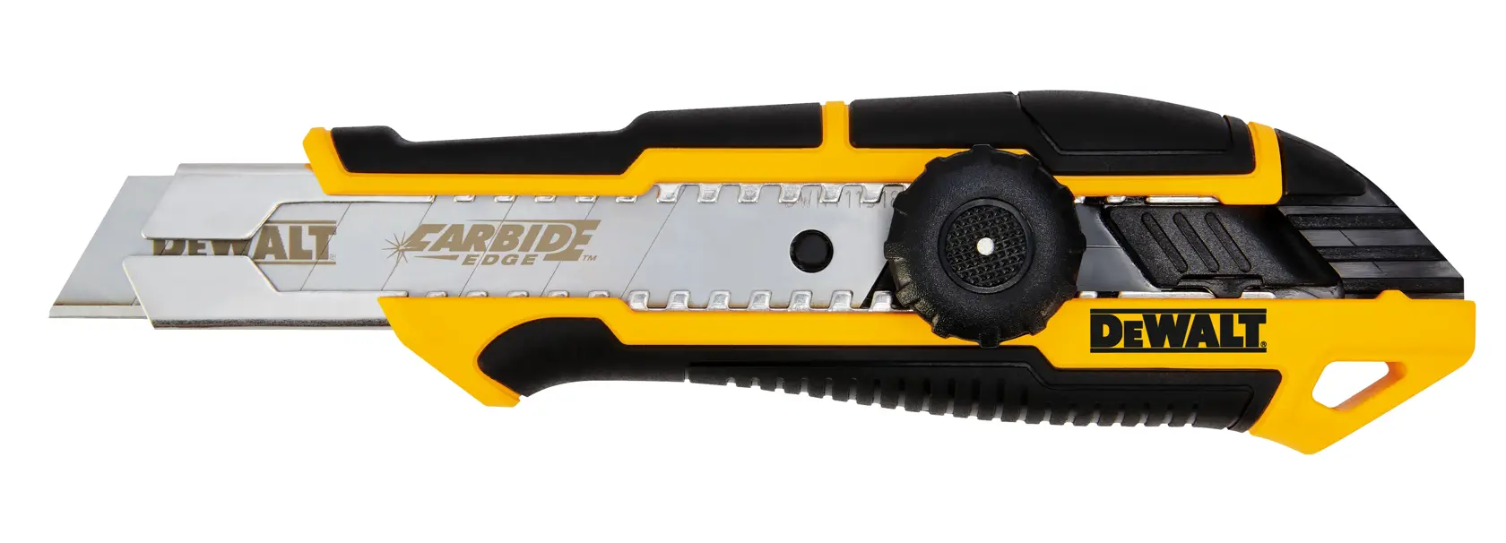 A DEWALT retractable utility knife with a yellow and black handle and a visible carbide blade, designed for durability and precision cutting.