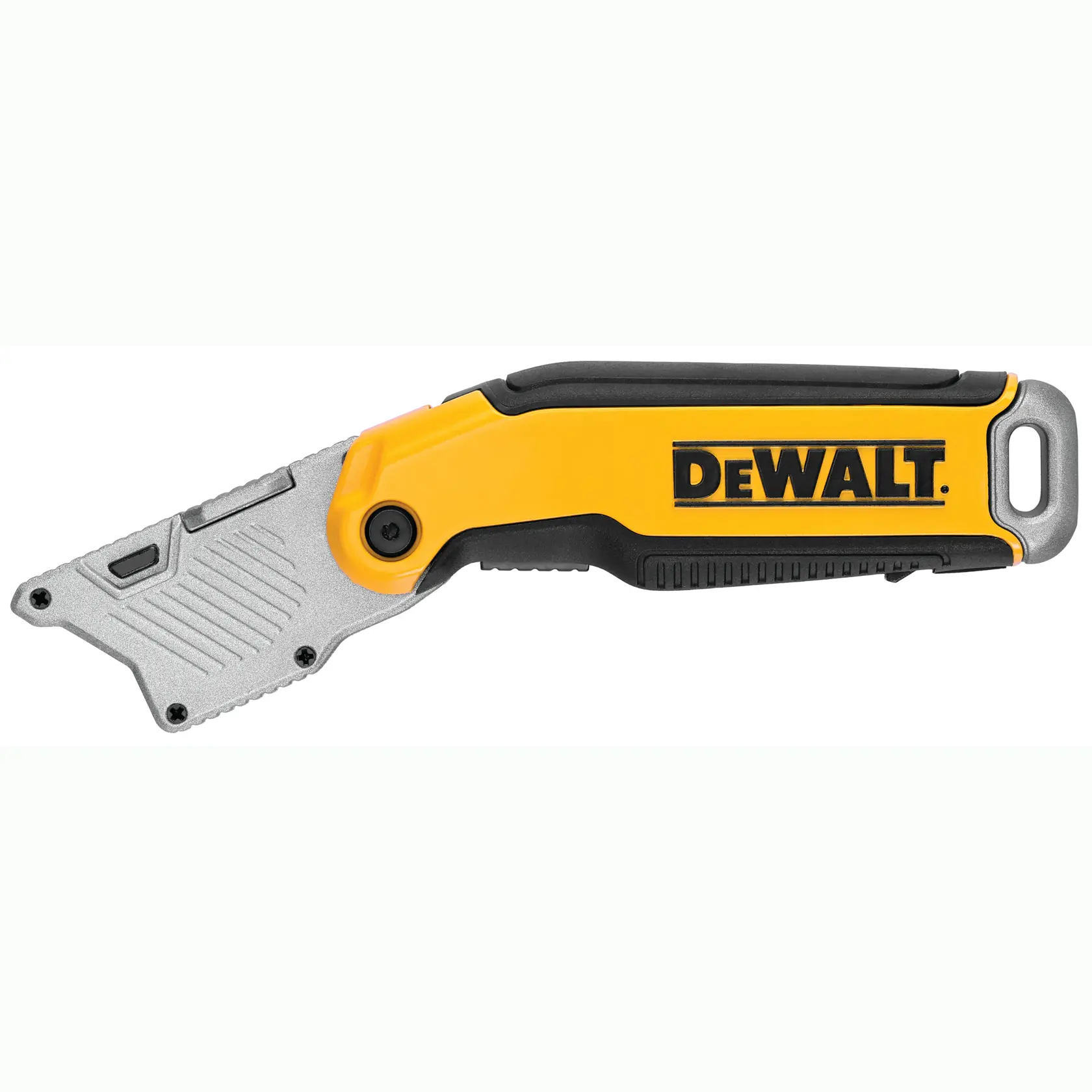 A DEWALT folding utility knife with a yellow and black handle and a silver blade, shown on a white background.