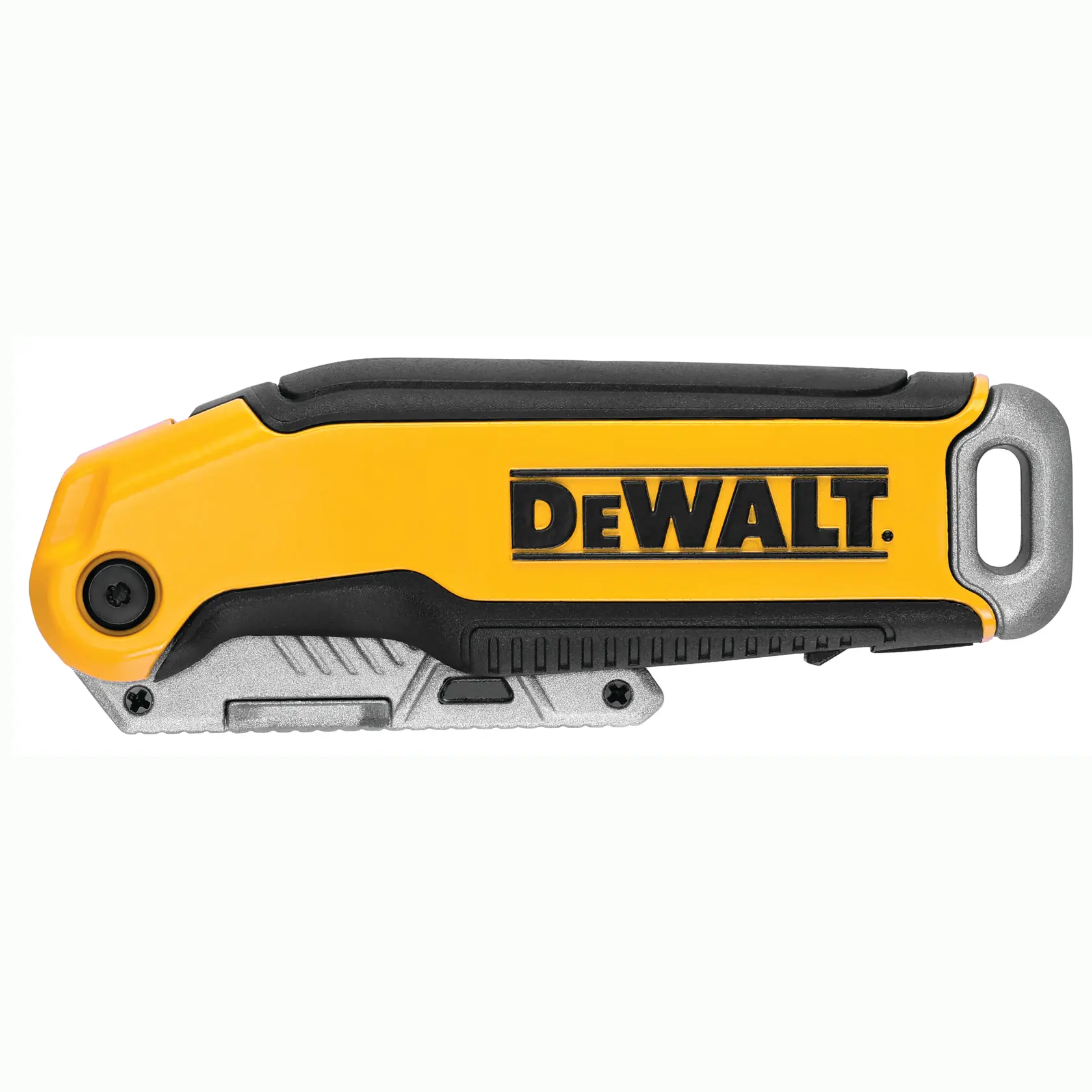 A closed DEWALT folding utility knife with a yellow and black handle, featuring the DEWALT logo.