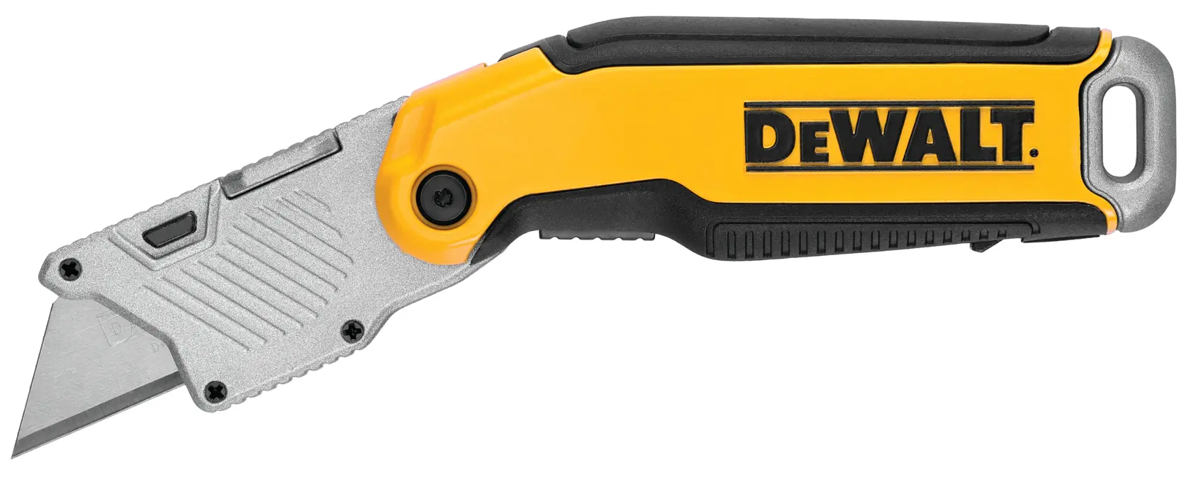 A DEWALT branded utility knife with a yellow and black handle and a silver blade.