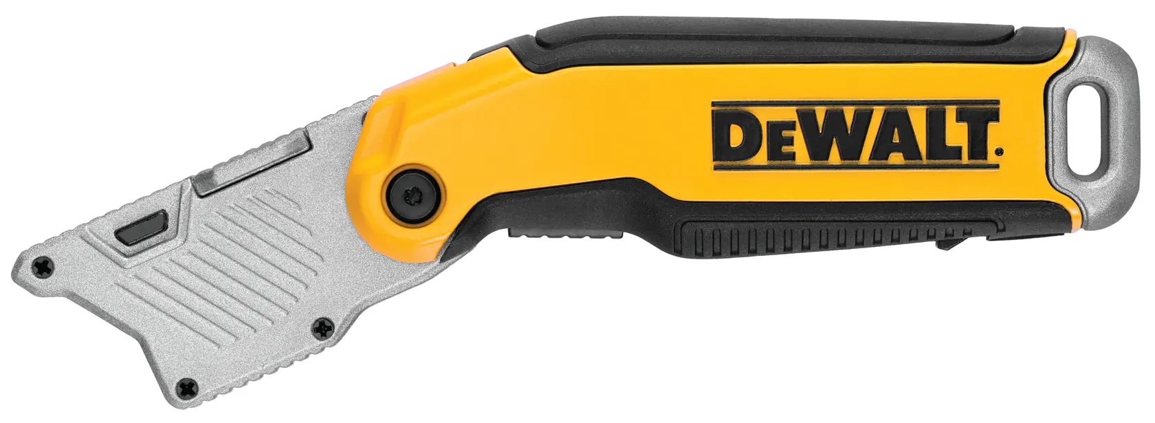 A DEWALT folding utility knife with a yellow and black handle and a silver blade, shown on a white background.