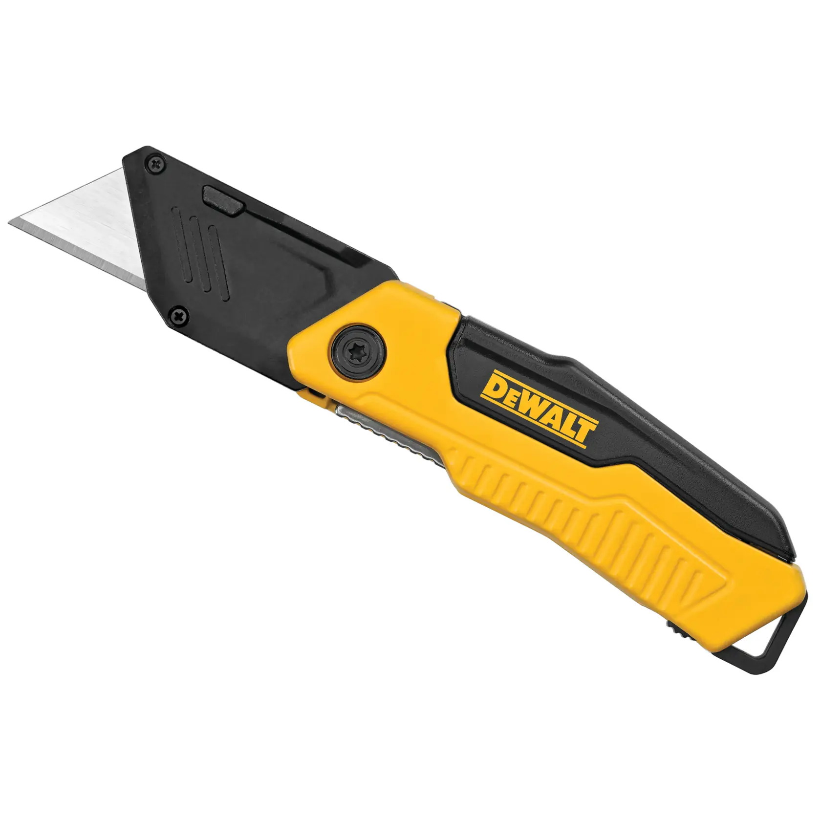 A DEWALT-branded folding utility knife with a yellow and black handle and a silver blade.
