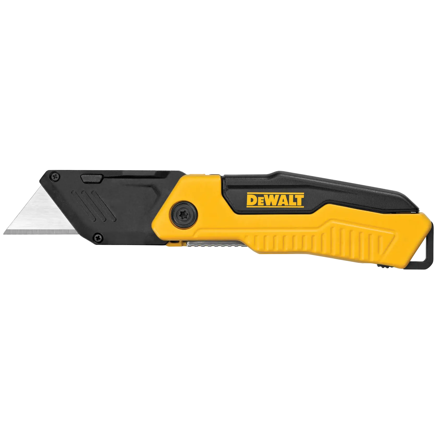 A DEWALT-branded folding utility knife with a yellow and black handle and a silver blade.