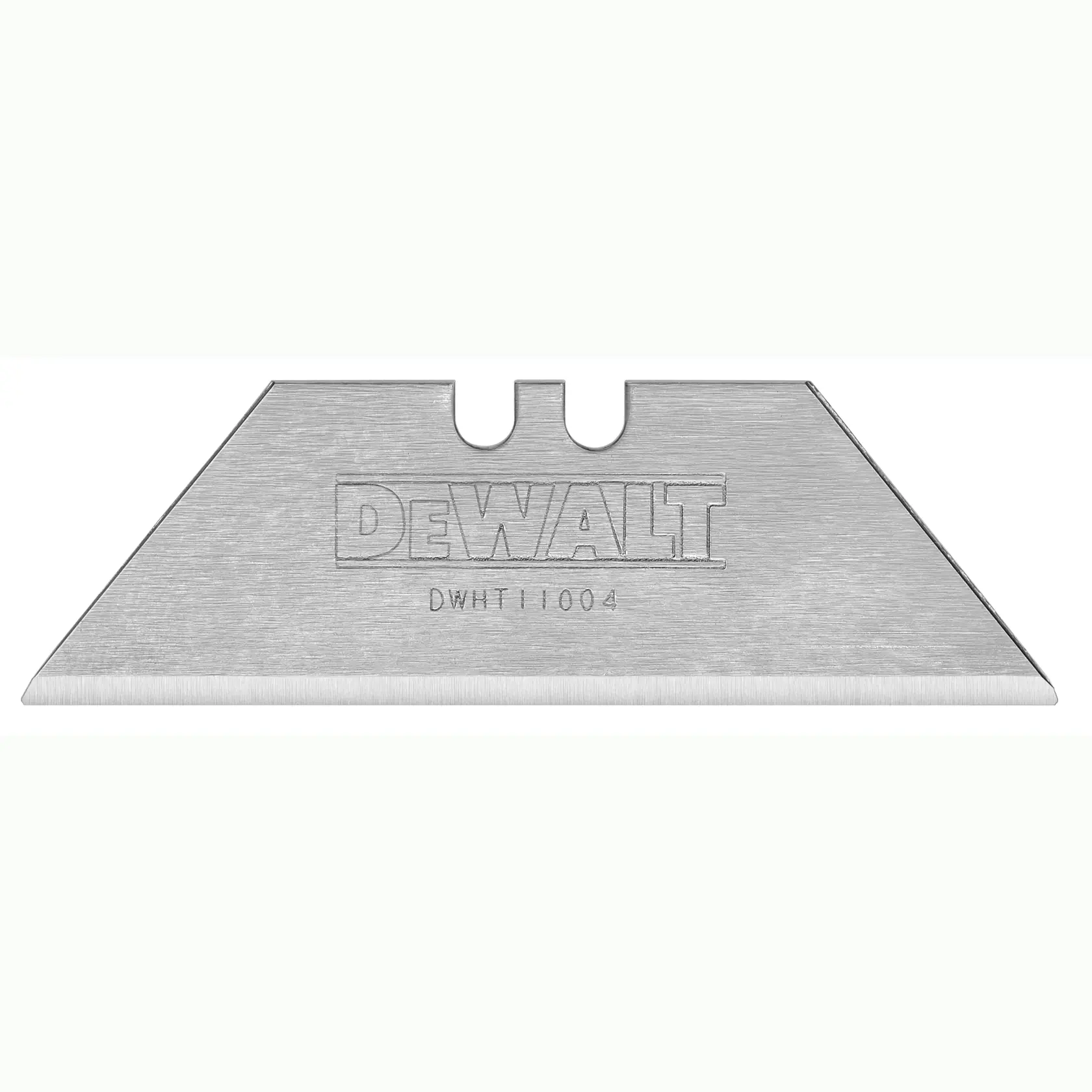 DEWALT utility knife blade, model DWHT11004, shown in close-up with sharp edge and metal finish.
